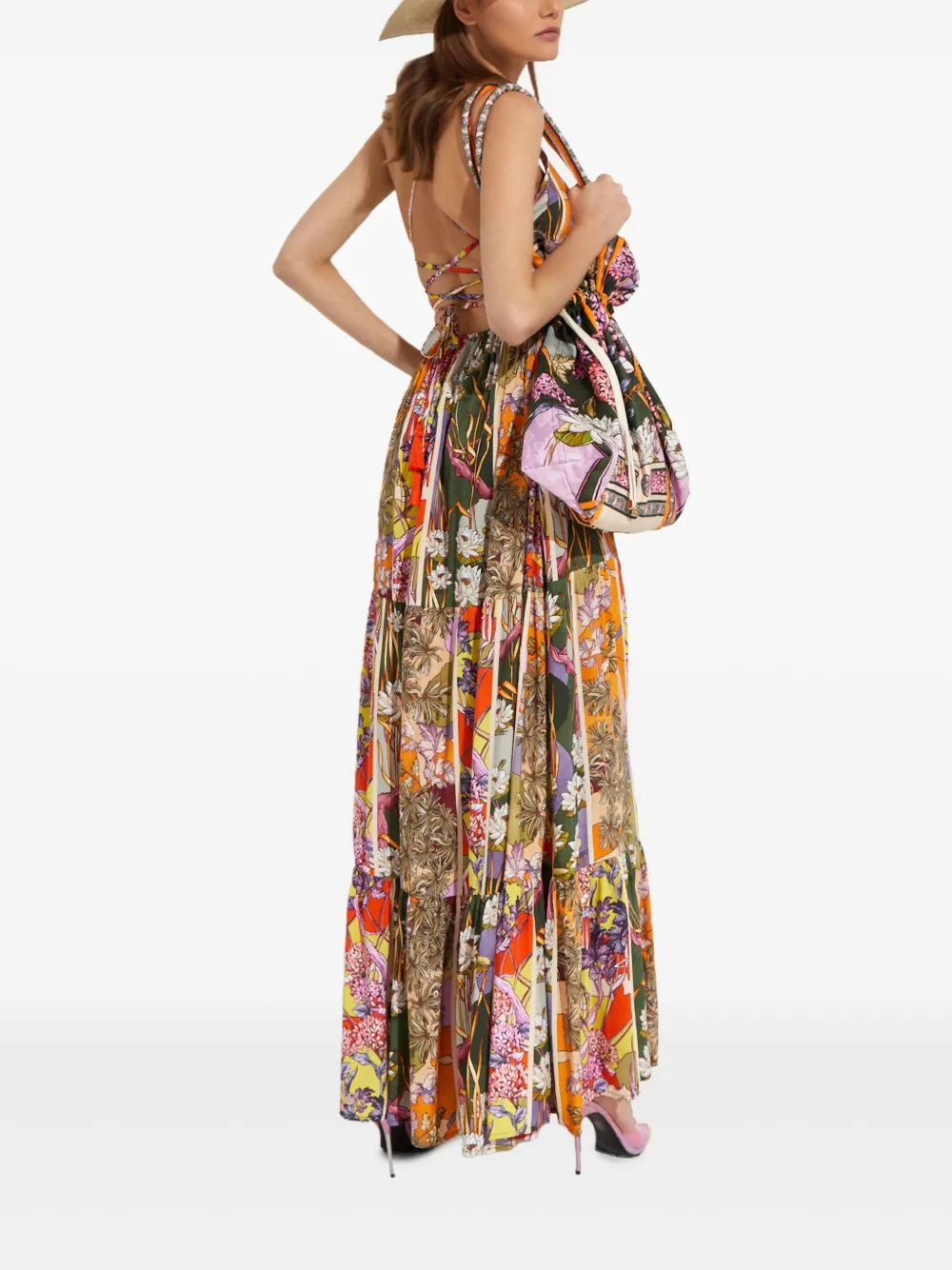Agua Bendita Fairy Suki maxi-jurk met bloemenprint en gestrikte rug Oranje