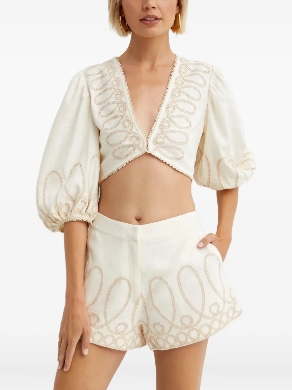 Ixiah Alkali Embroidered Puff-sleeve Top In Neutral