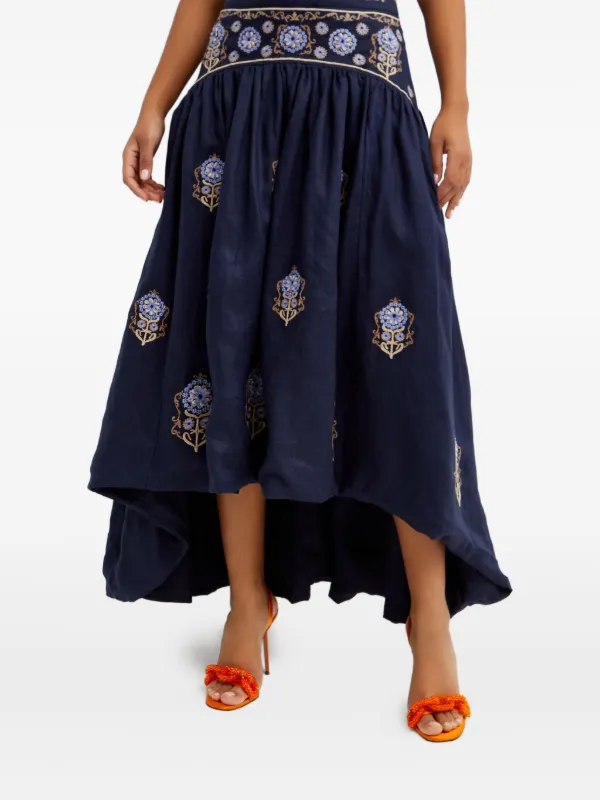 Agua by Agua Bendita Curua Mosaico Embroidered Asymmetric Midi Skirt in Blue