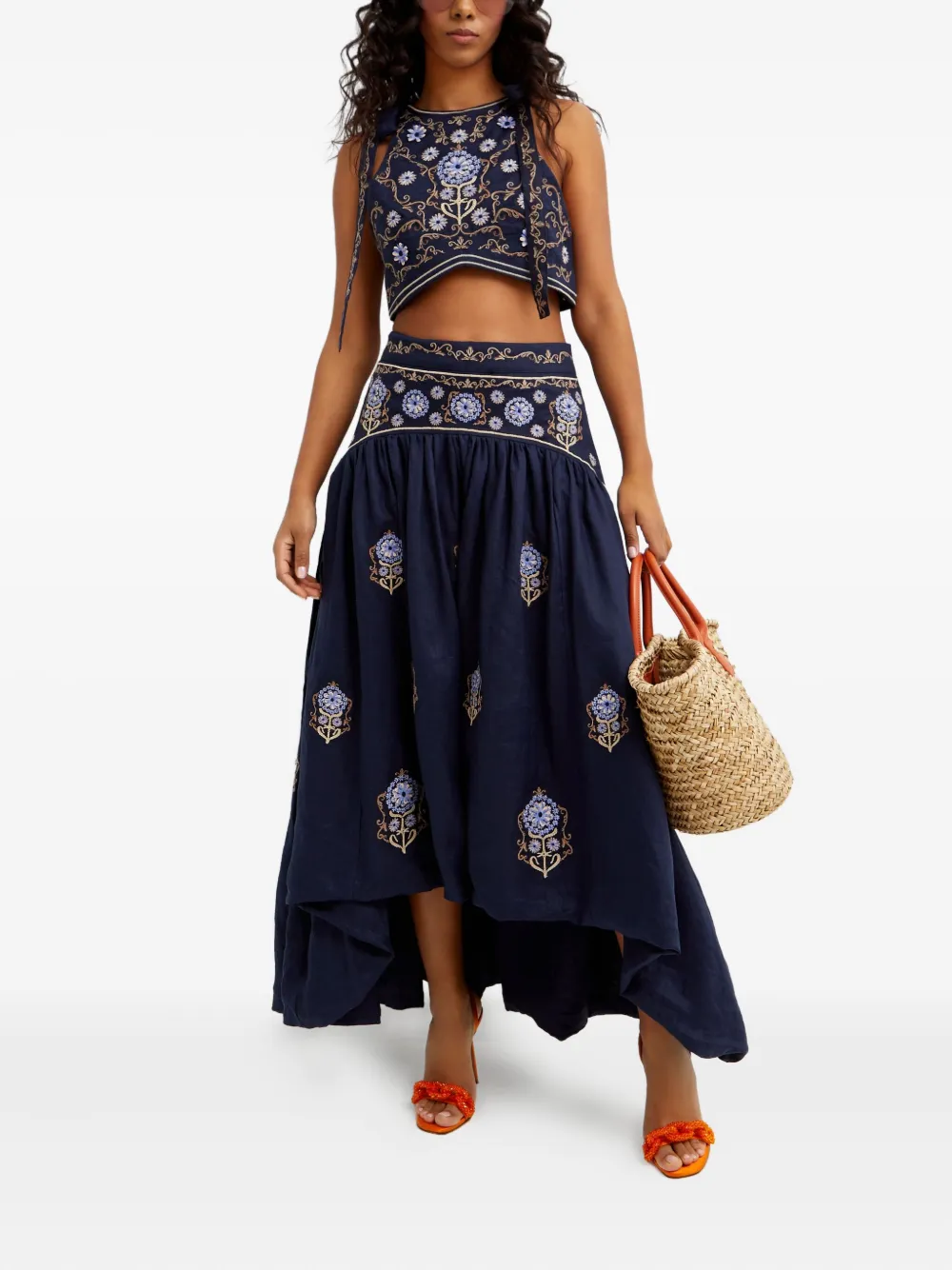 Agua By Agua Bendita Curua Mosaico Embroidered Asymmetric Midi Skirt In Blue