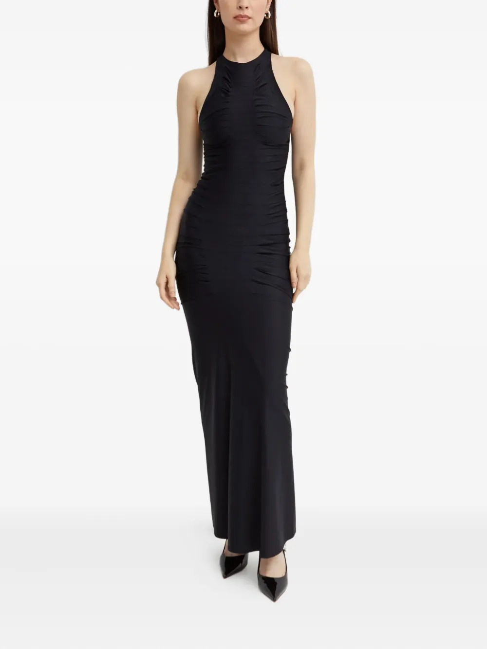 Gauge81 Deni Racer-back Ruched Midi Dress In Black