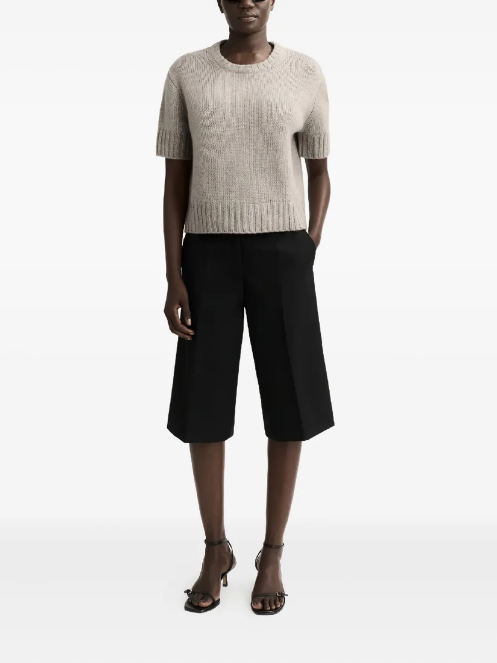 Soft Goat Short-sleeve Round-neck Sweater In Gray