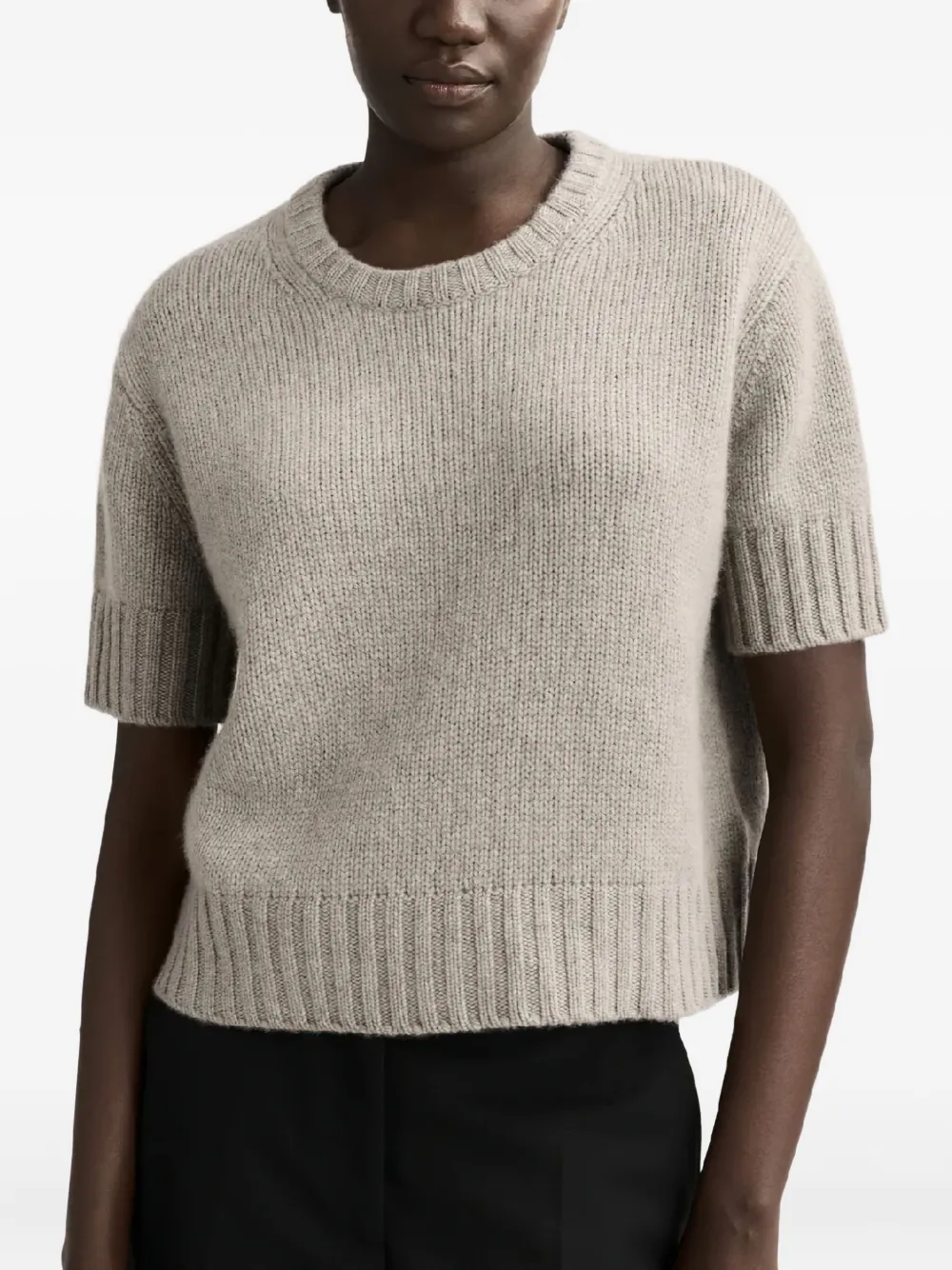Soft Goat Short-sleeve Round-neck Sweater In Gray