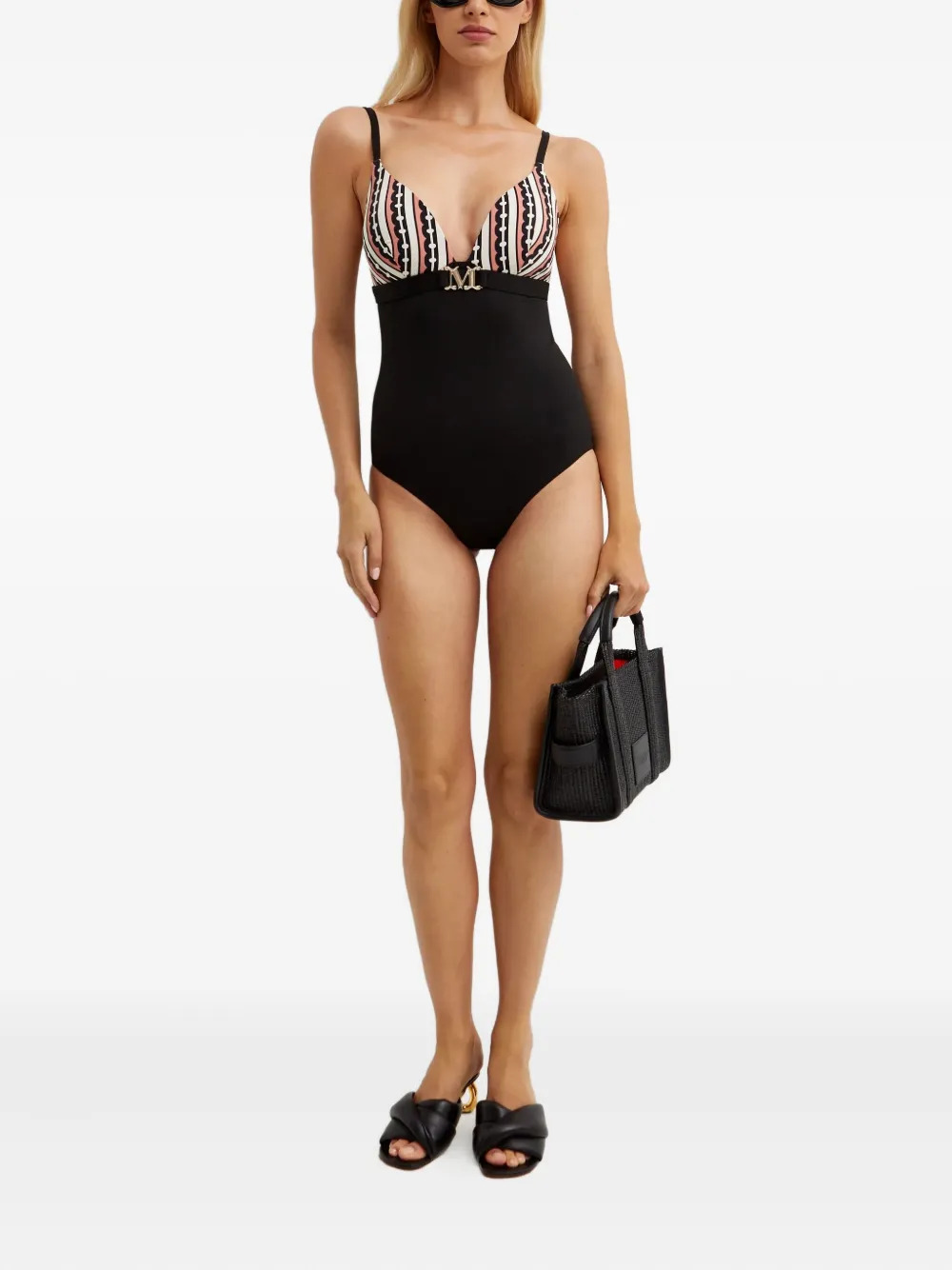 Max Mara Crystal Monogram-print Swimsuit In Black