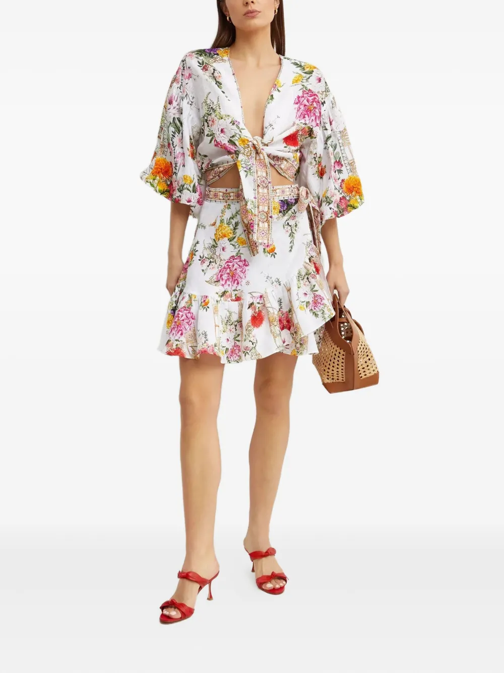 Camilla Mini-rok met ruches en bloemenprint - Wit