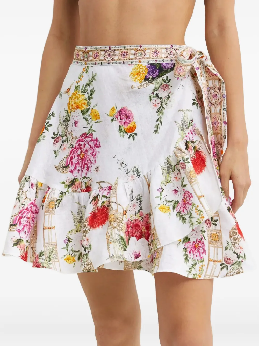 Camilla Mini-rok met ruches en bloemenprint Wit