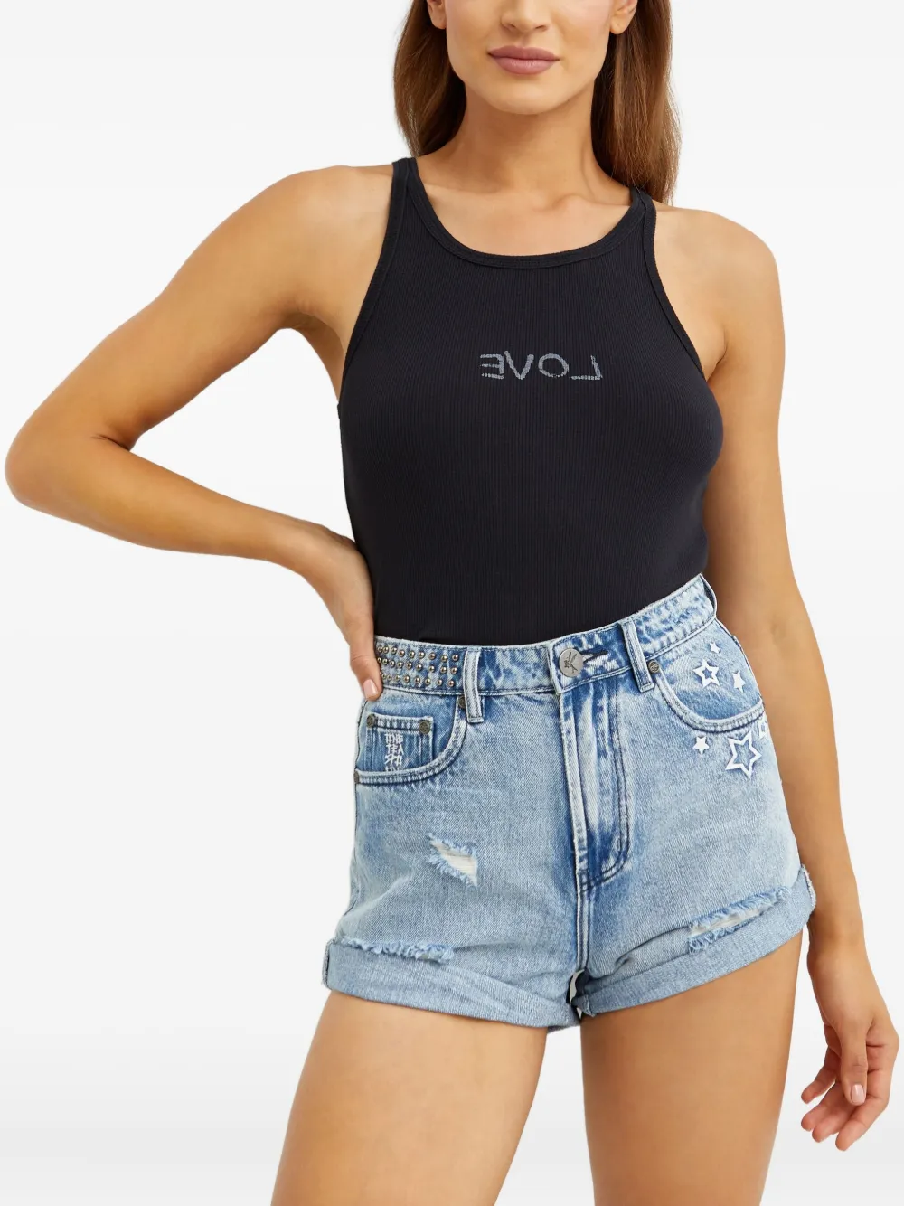 One Teaspoon Tanktop met diepe ronde hals Zwart
