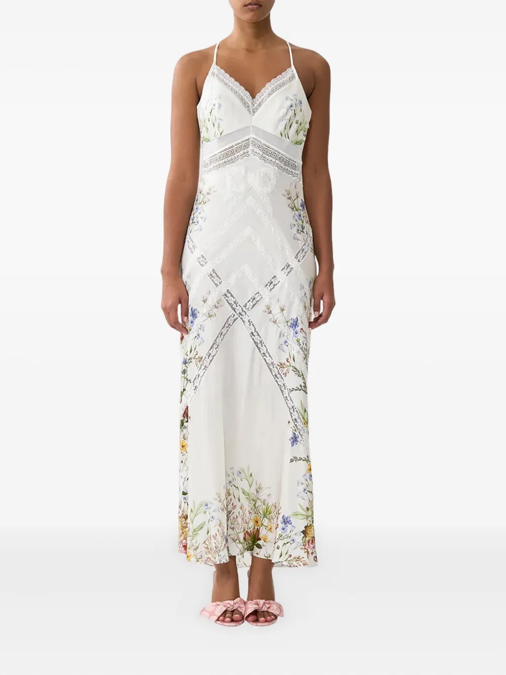 Camilla Lace Splice Bias Silk Maxi Dress In White
