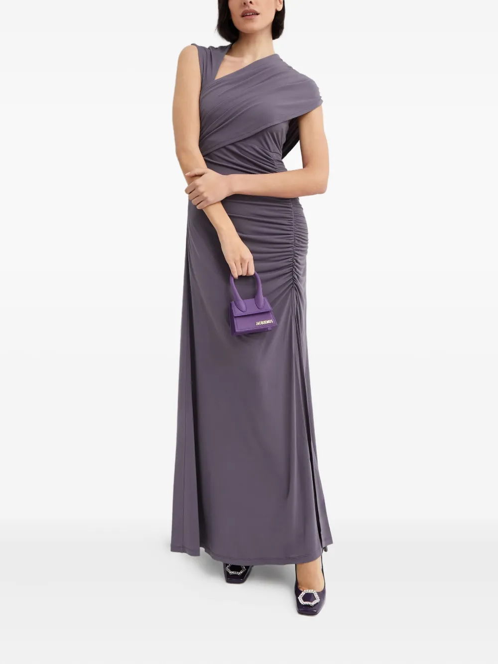 Herve Leger Asymmetric Ruched Maxi Dress In Purple