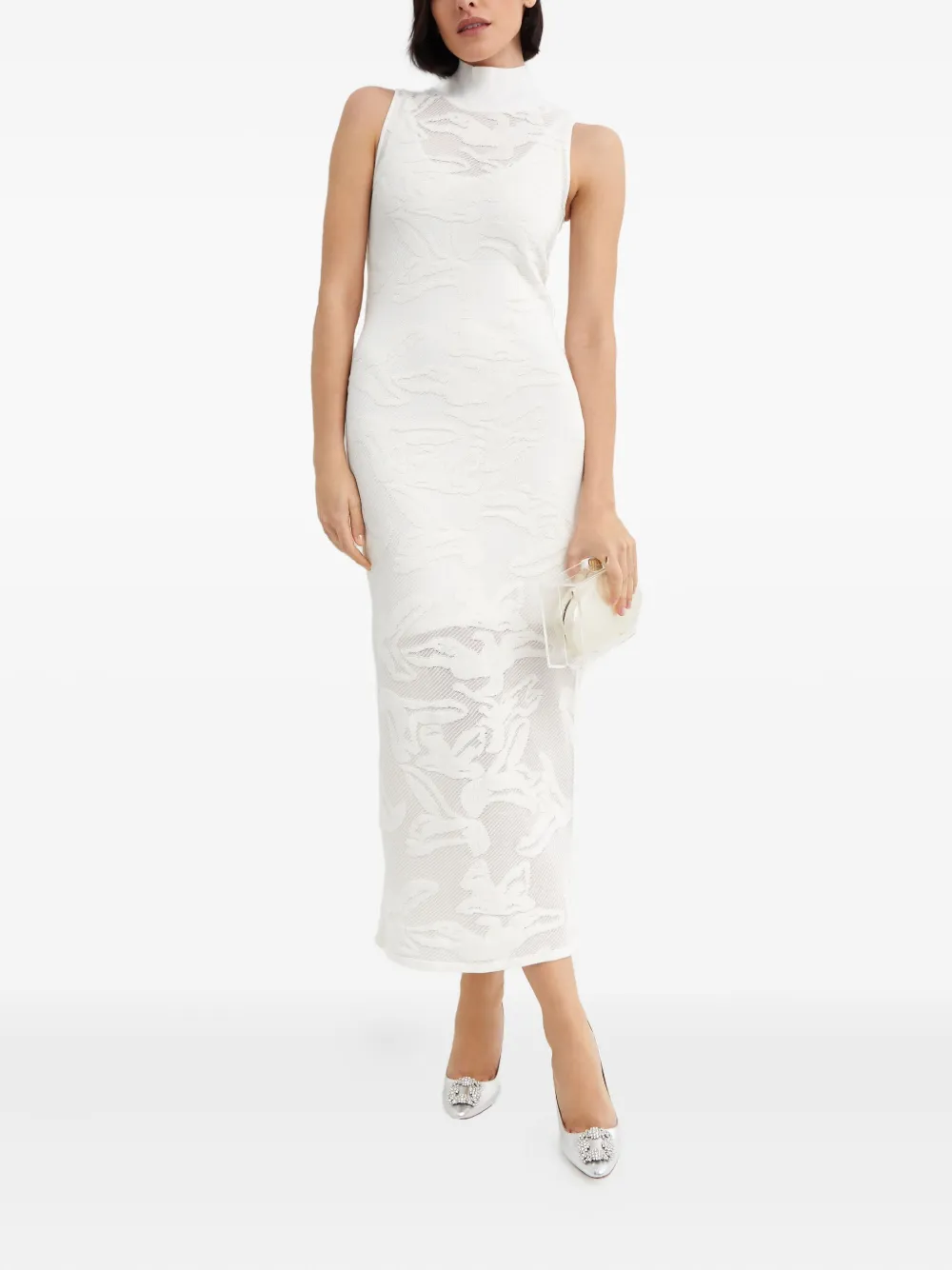 Herve Leger Open-knit High-neck Midi Dress In White