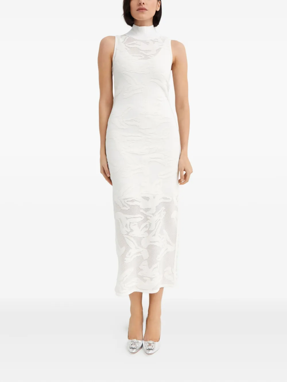Herve Leger Open-knit High-neck Midi Dress In White
