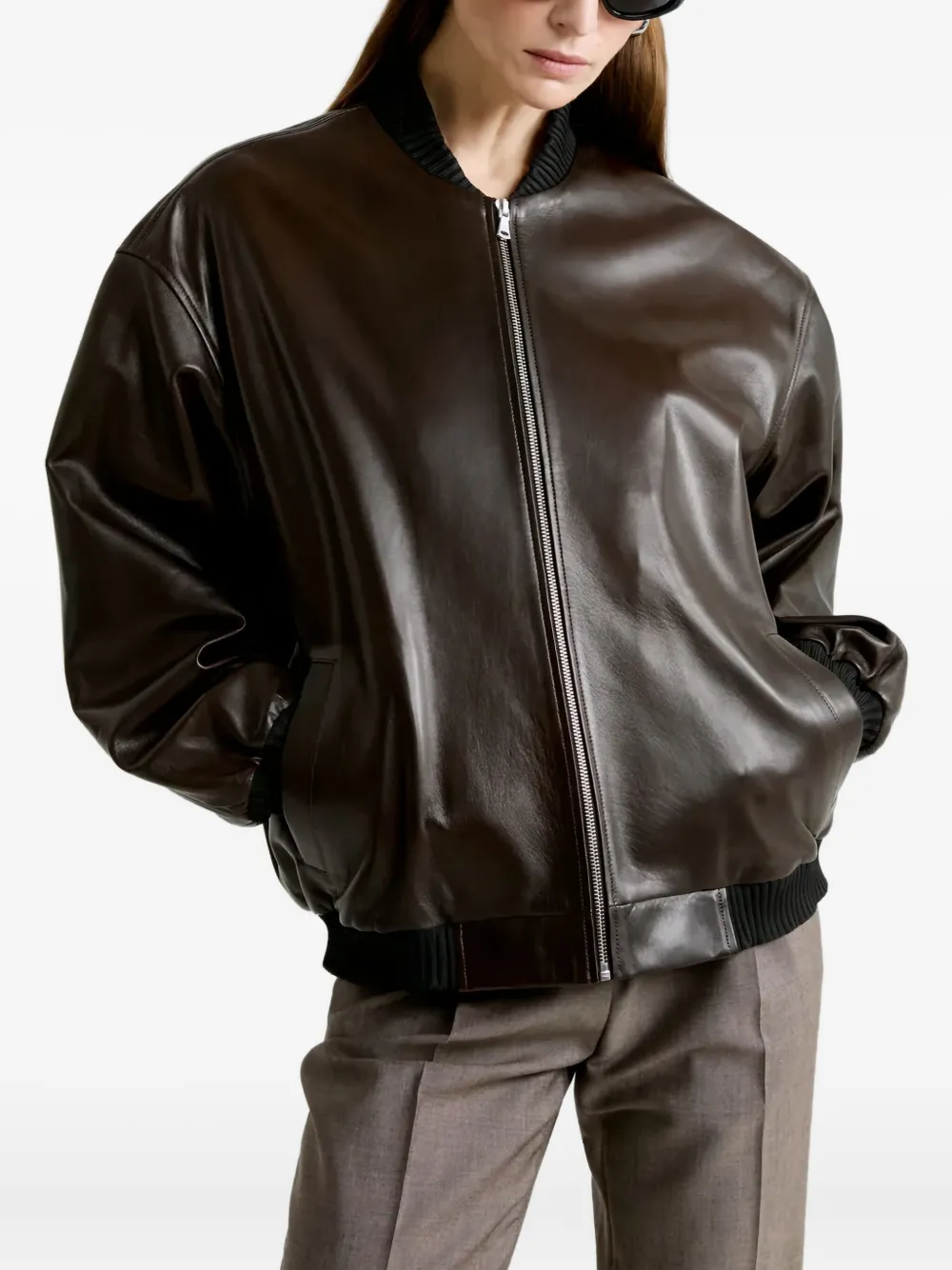 Nour Hammour Marly Zipped Bomber Leather Jacket In Brown