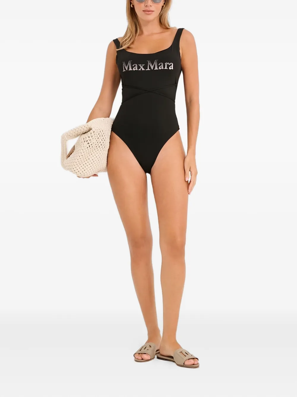 Max Mara Carisma Logo-print Swimsuit In Black