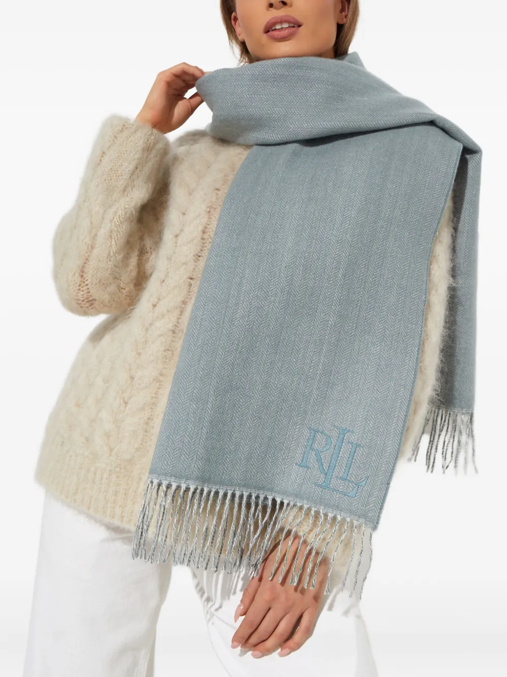 Ralph Lauren Logo-embroidered Fringed Scarf In Blue
