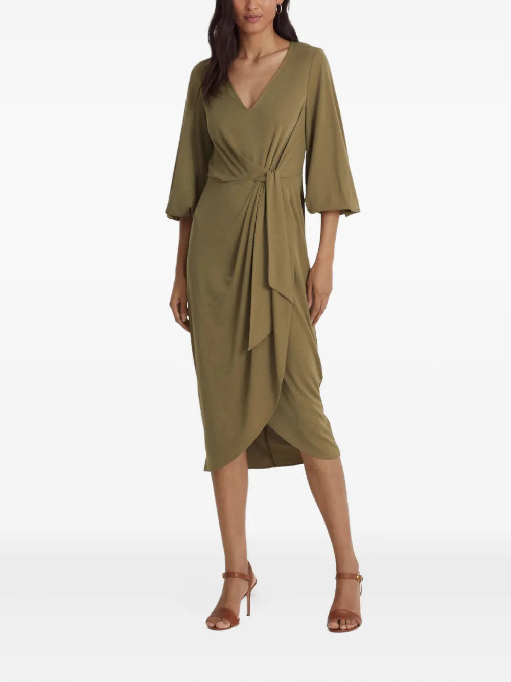 Lauren Ralph Lauren Asymmetrische jurk met gestrikte taille en V-hals - Groen