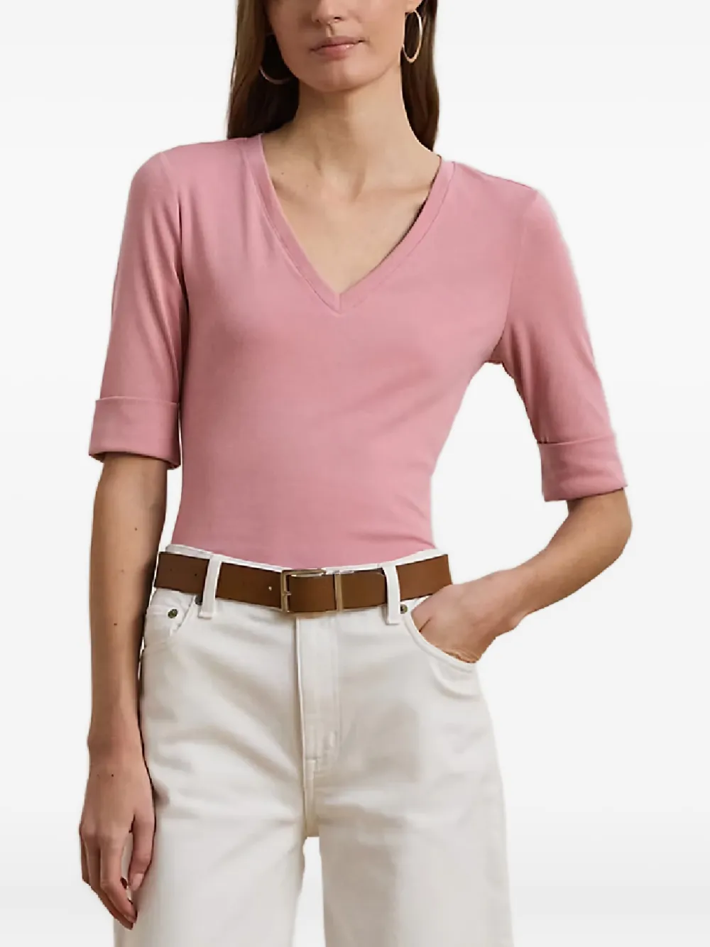 Ralph Lauren V-neck Cuffed-sleeve T-shirt In Pink