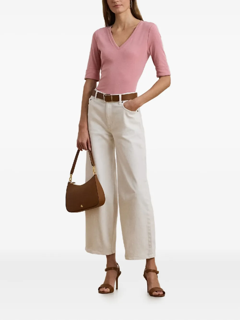 Ralph Lauren V-neck Cuffed-sleeve T-shirt In Pink