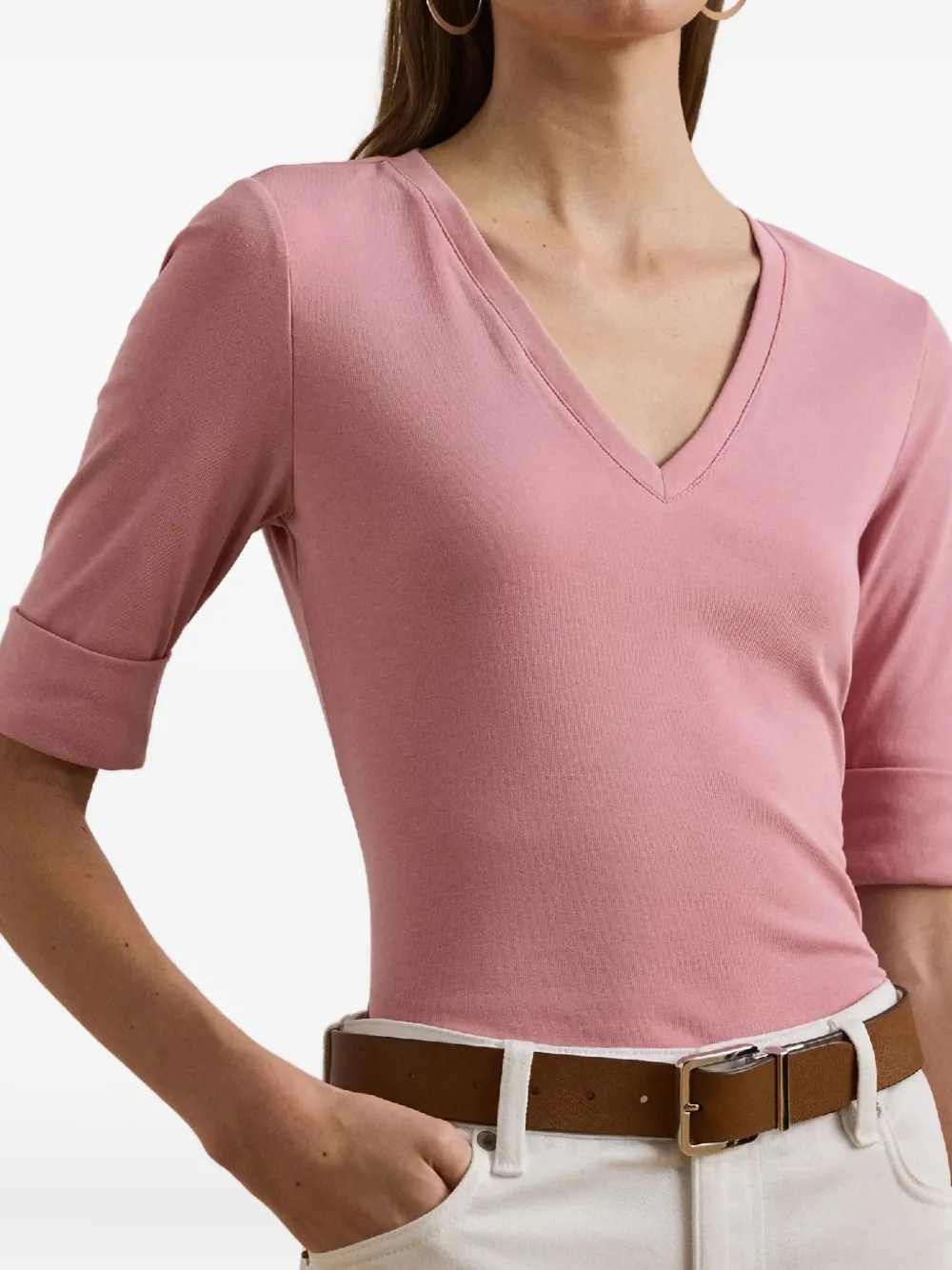 Ralph Lauren V-neck Cuffed-sleeve T-shirt In Pink