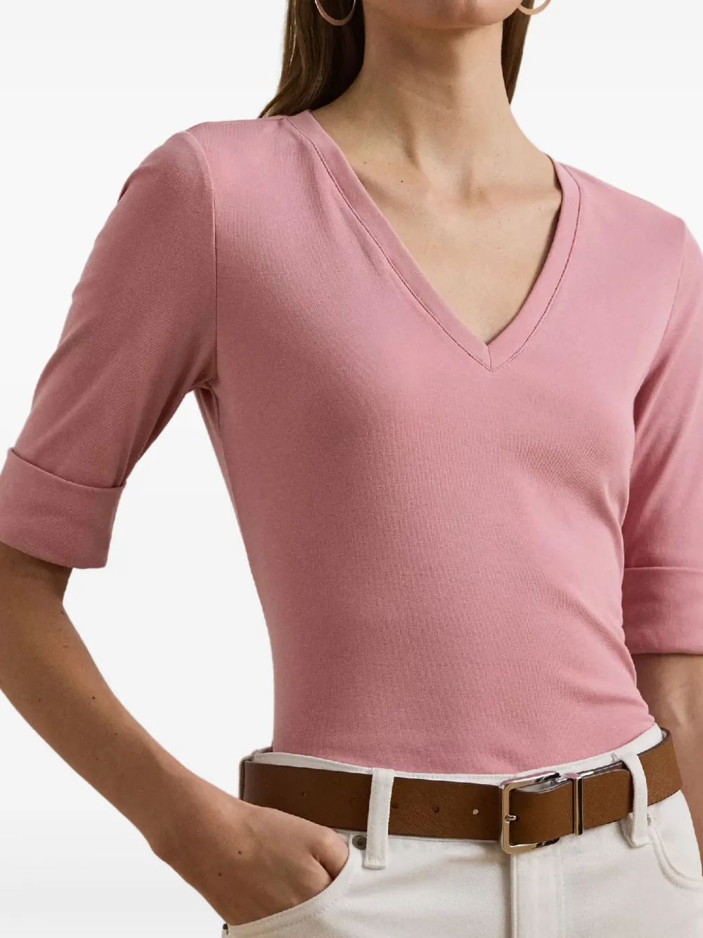 Lauren Ralph Lauren T-shirt met V-hals en manchetten Roze