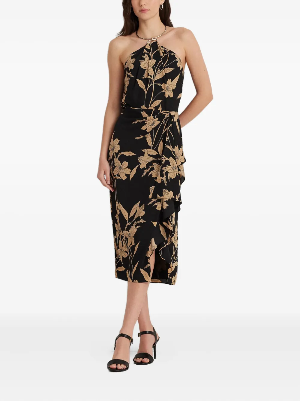 Ralph Lauren Floral Metal-necklace Midi Dress In Black