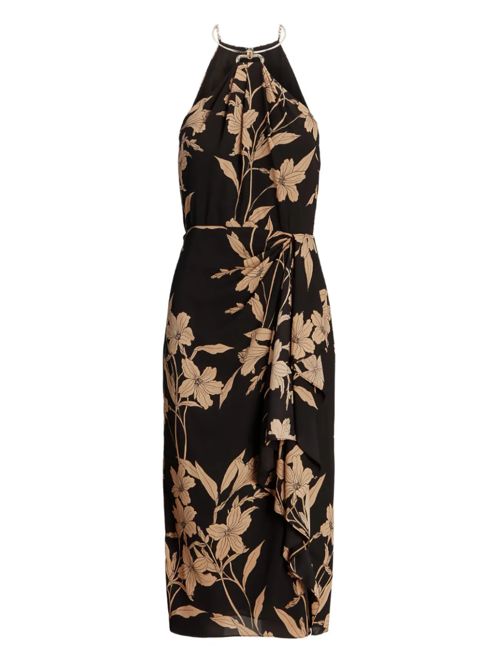 Ralph Lauren Floral Metal-necklace Midi Dress In Black