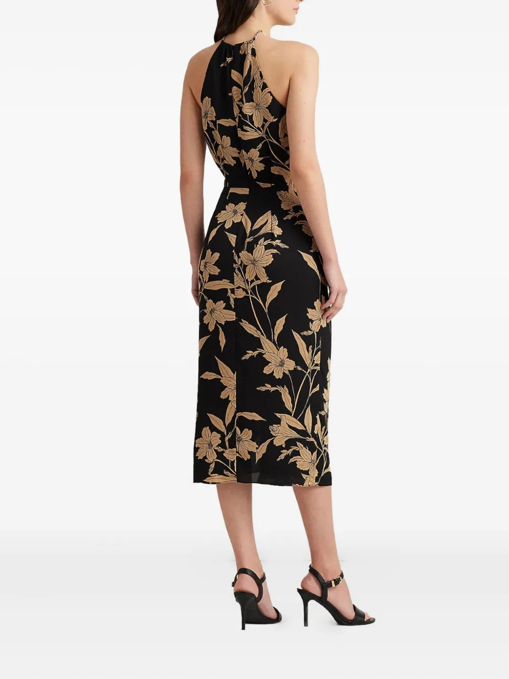 Ralph Lauren Floral Metal-necklace Midi Dress In Black