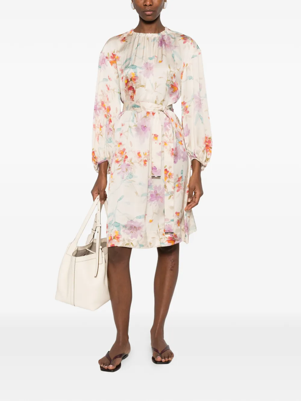 Herno Mini-jurk met gestrikte taille en bloemenprint Beige
