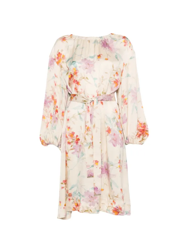 Herno Floral-pattern Tie-waist Mini Dress in Neutrals