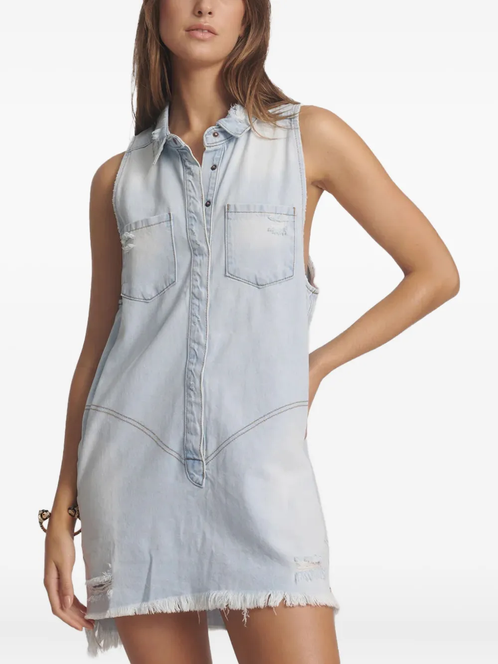 One Teaspoon Frayed Denim Mini Dress In Blue