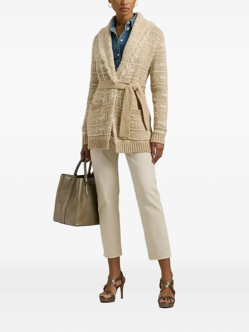 Ralph Lauren Fringed-detail Geometric-motif Cardigan In Brown