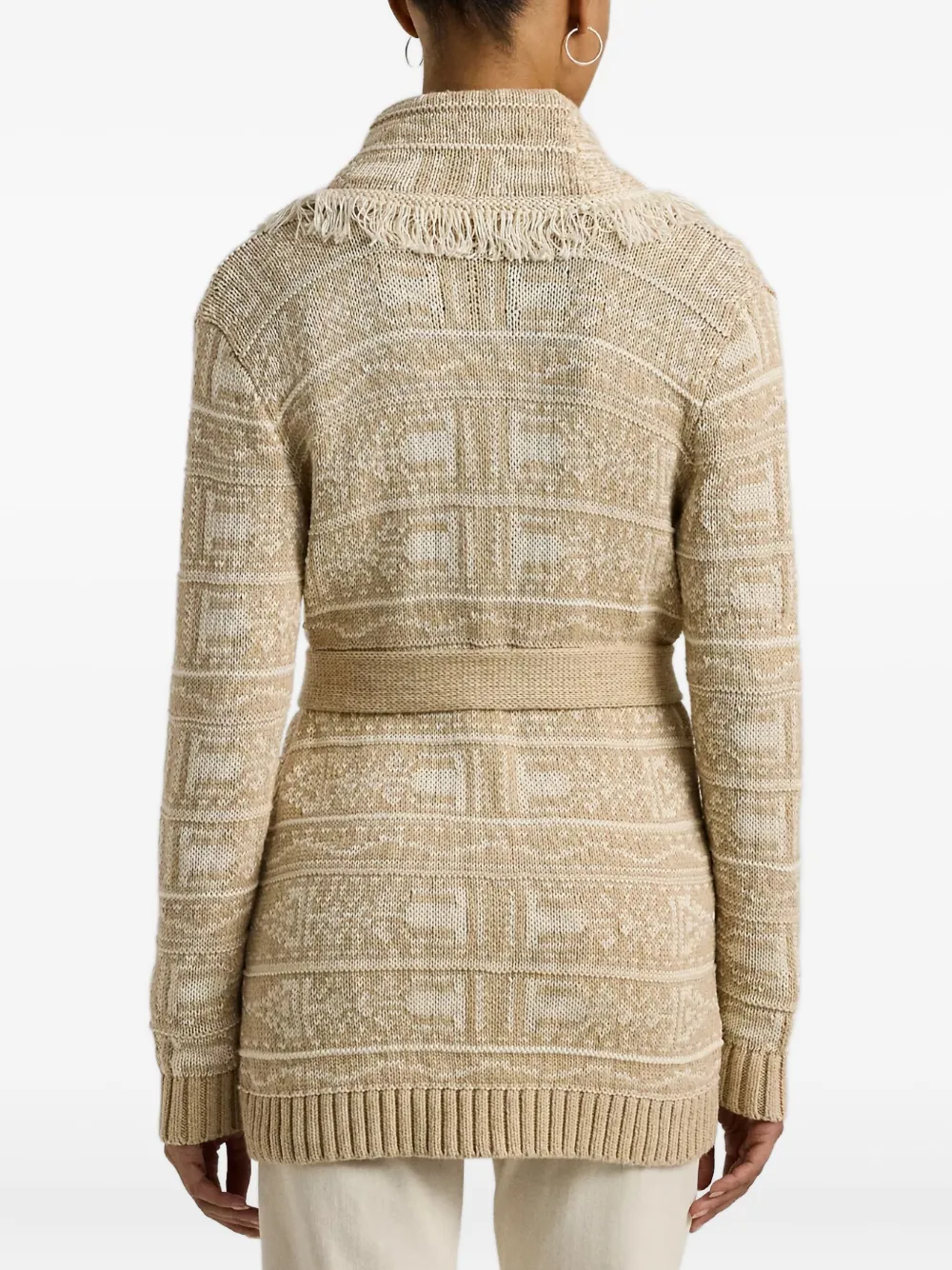 Ralph Lauren Fringed-detail Geometric-motif Cardigan In Brown