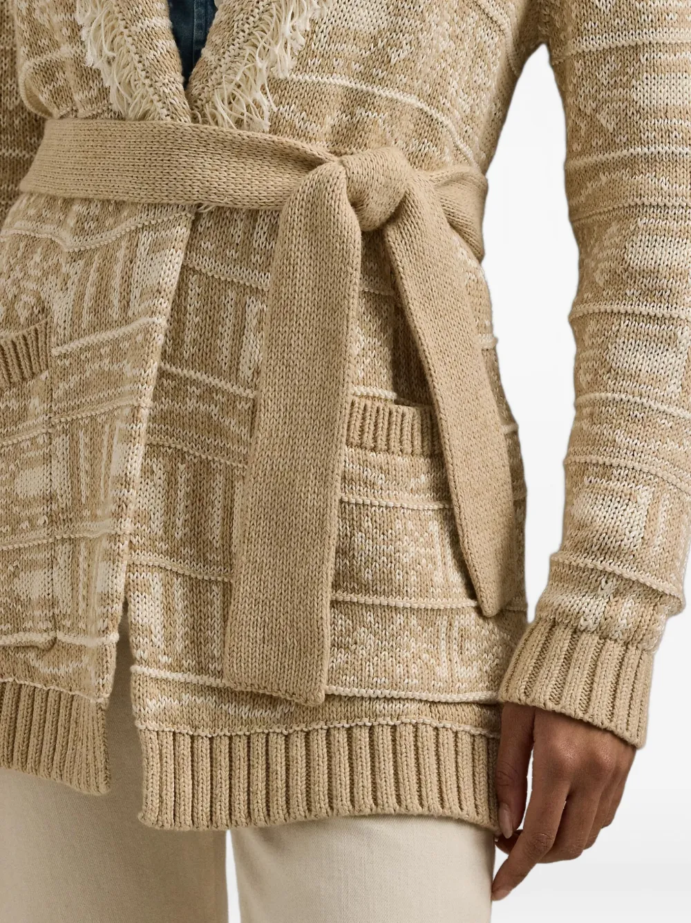 Ralph Lauren Fringed-detail Geometric-motif Cardigan In Brown