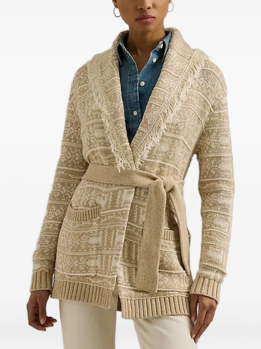 Ralph Lauren Fringed-detail Geometric-motif Cardigan In Brown