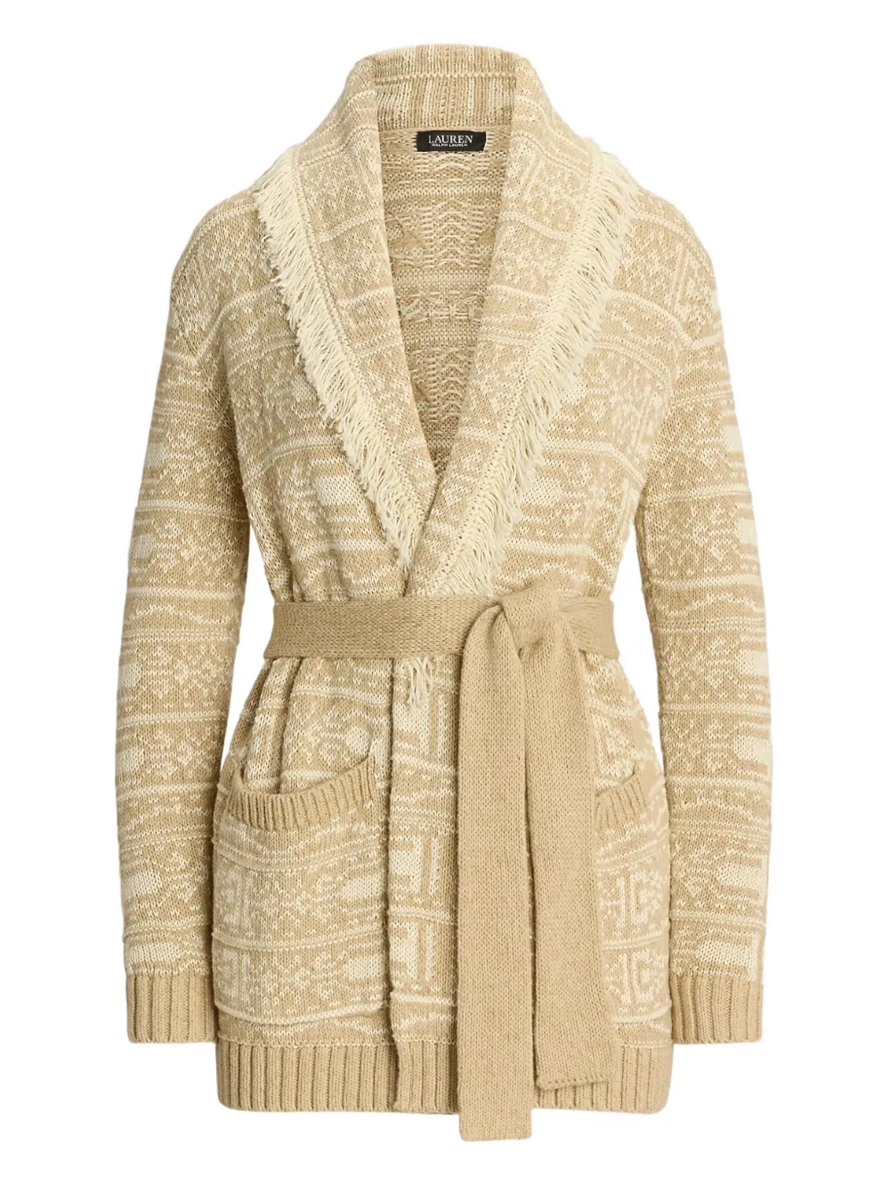 Ralph Lauren Fringed-detail Geometric-motif Cardigan In Brown
