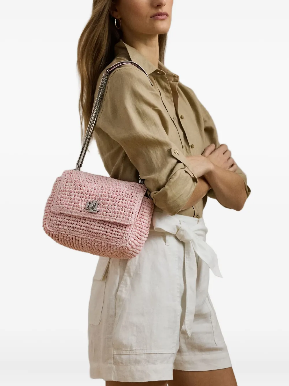 Lauren Ralph Lauren Sophee rieten schoudertas met kettinghengsel - Roze