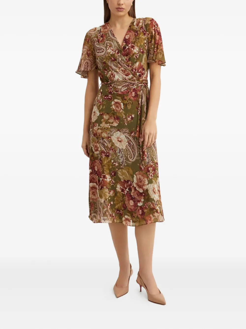 Ralph Lauren Floral-print Wrap Midi Dress In Green