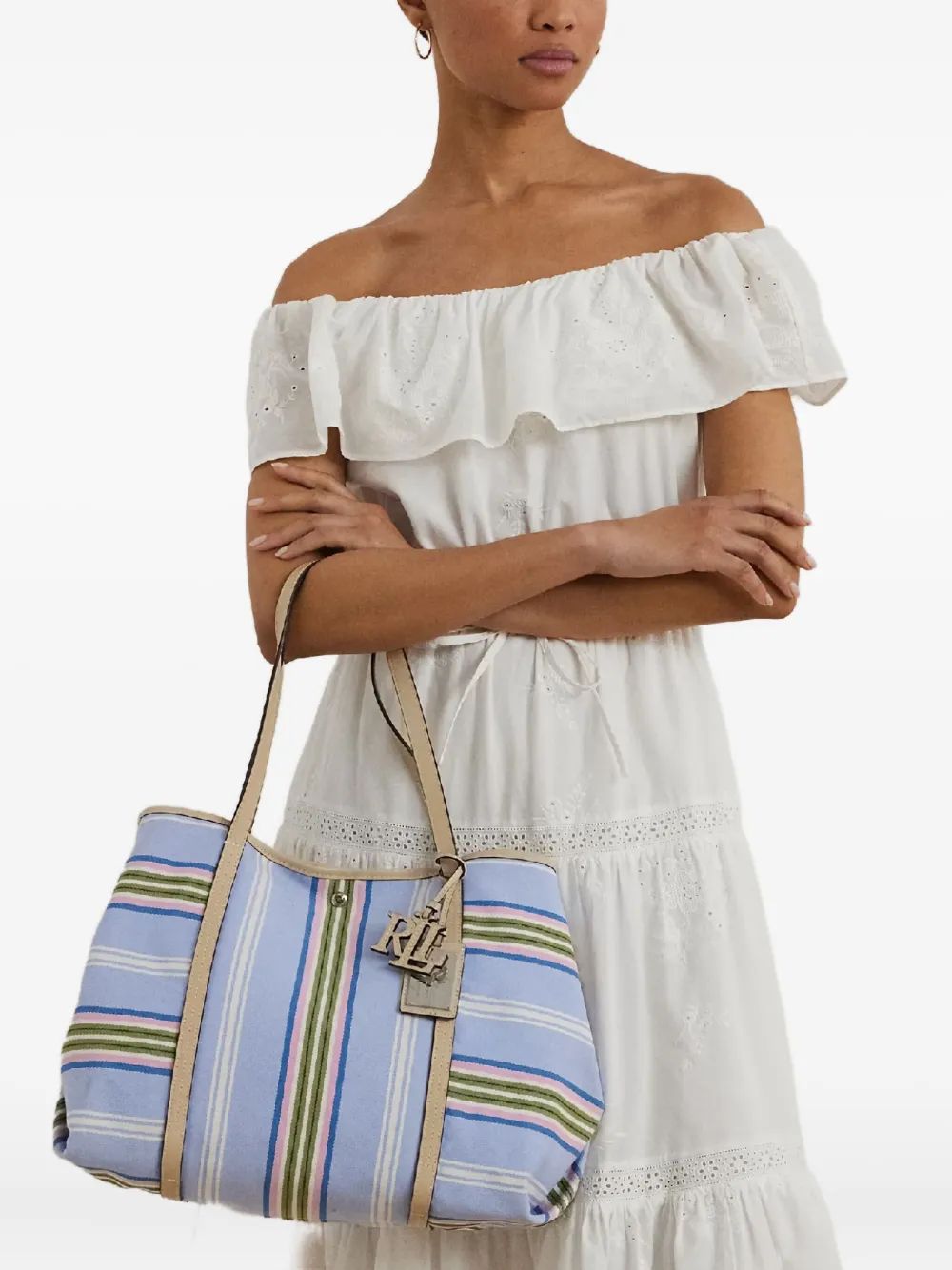 Lauren Ralph Lauren Gestreepte shopper met logobedel - Blauw