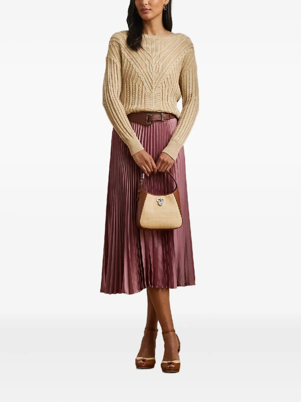 Ralph Lauren Zip Midi Pleated Skirt In Brown