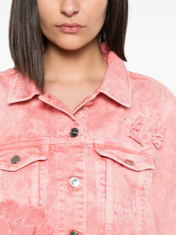 GANNI floral-appliqué Cropped Denim Jacket | Pink | FARFETCH JO