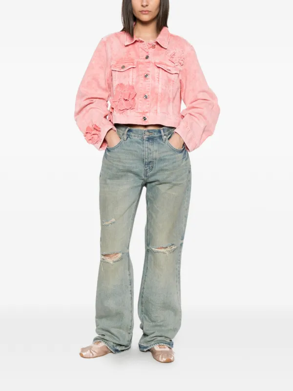 GANNI floral-appliqué Cropped Denim Jacket | Pink | FARFETCH JO