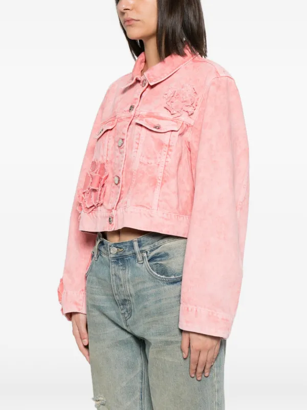 GANNI floral-appliqué Cropped Denim Jacket | Pink | FARFETCH JO