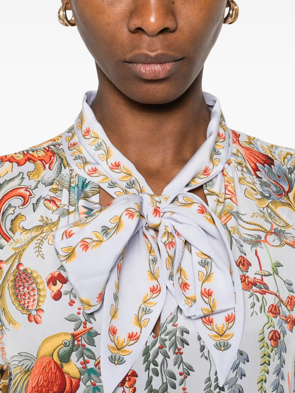 Etro Tie-neck Bird-print Blouse In Blue