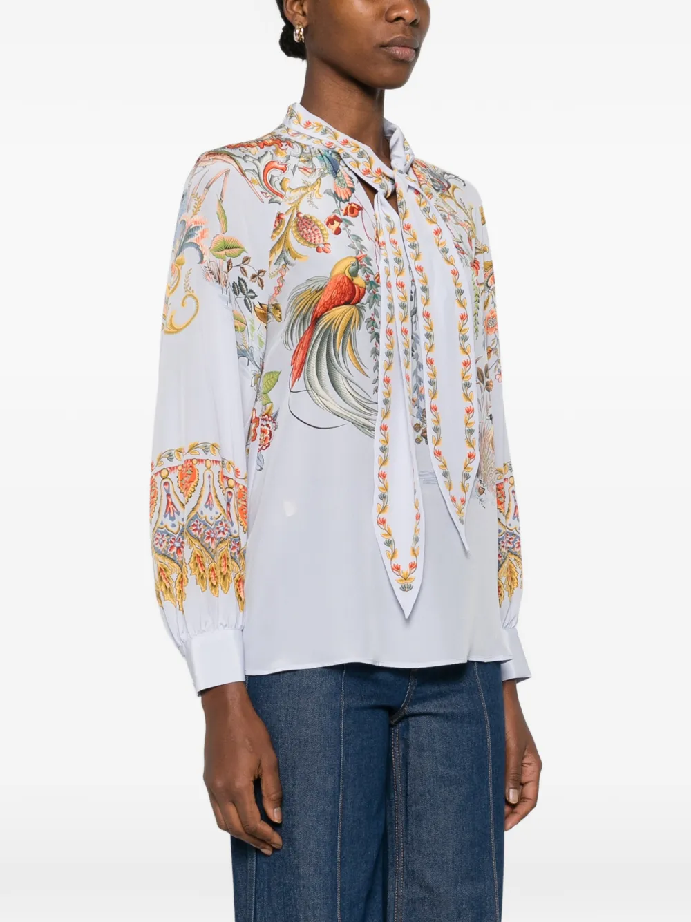 Etro Tie-neck Bird-print Blouse In Blue