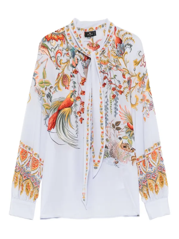 Etro Tie-neck Bird-print Blouse in Blue