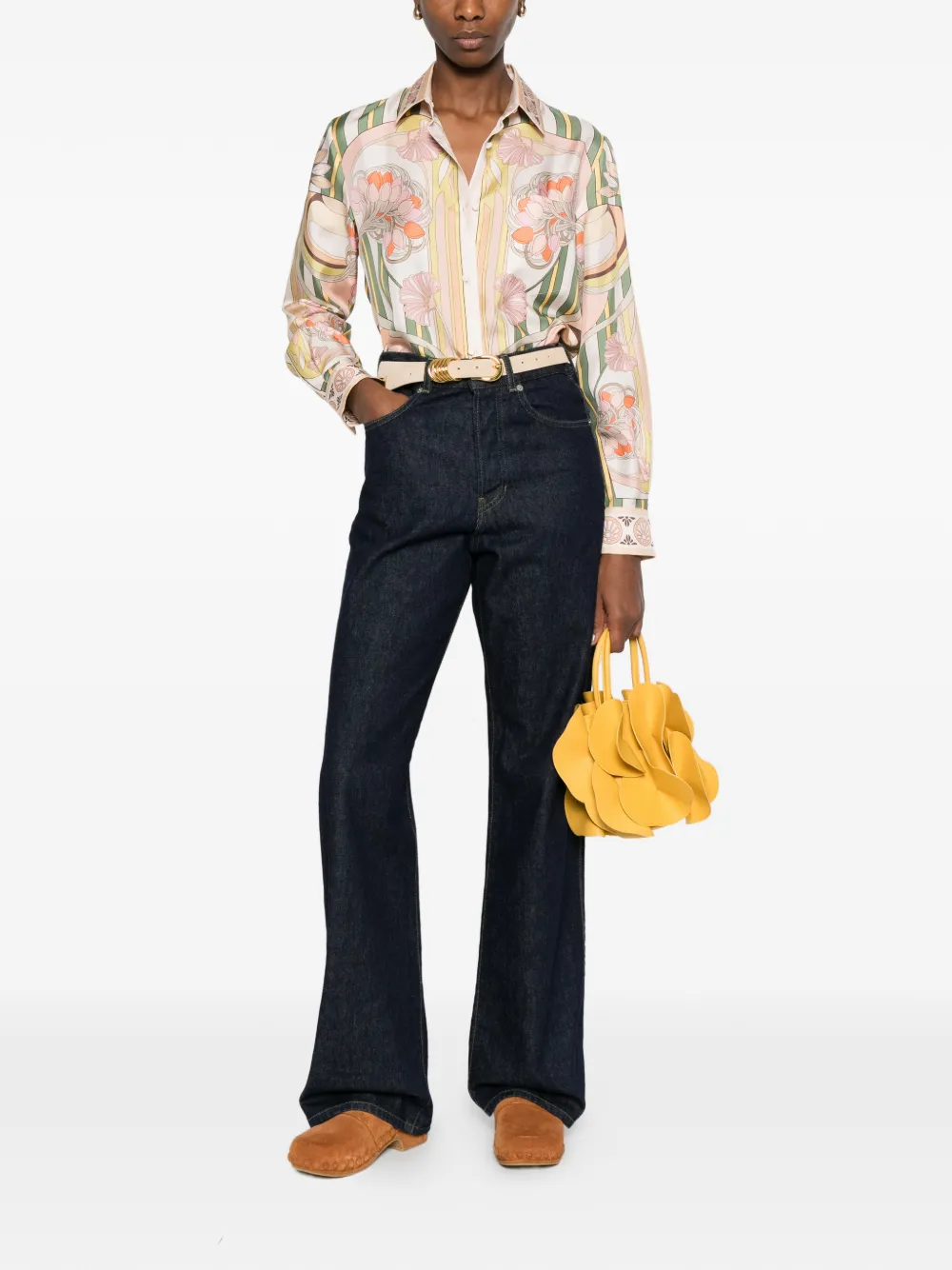  La Doublej Floral-print Striped Shirt - Neutrals 