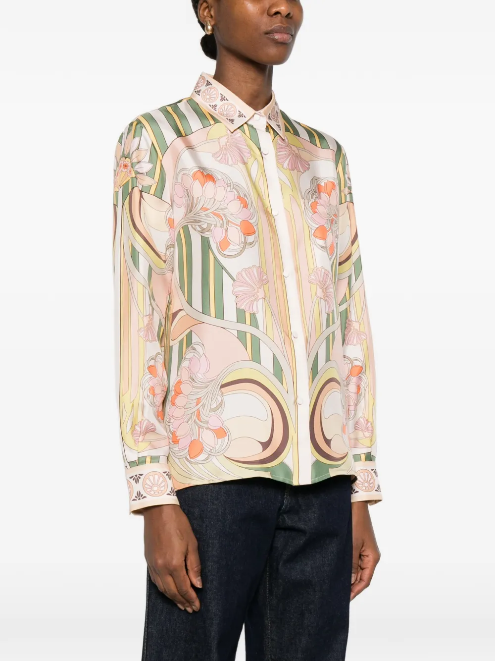  La Doublej Floral-print Striped Shirt - Neutrals 