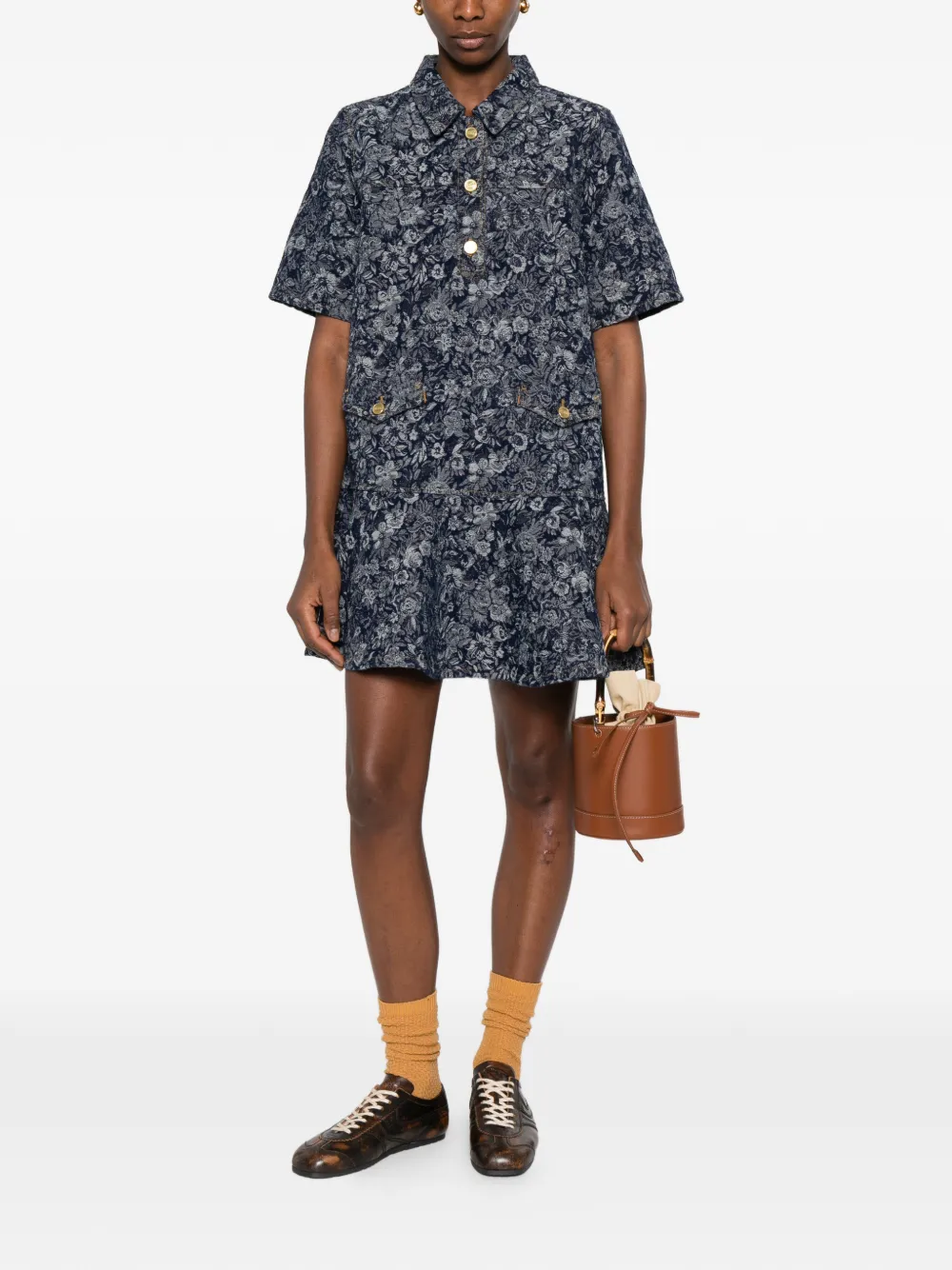 GANNI Jurk met knopen en bloemenprint Blauw