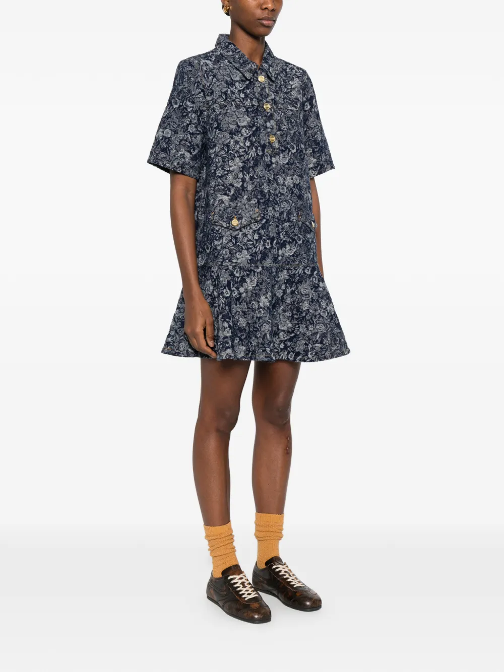 GANNI Jurk met knopen en bloemenprint Blauw