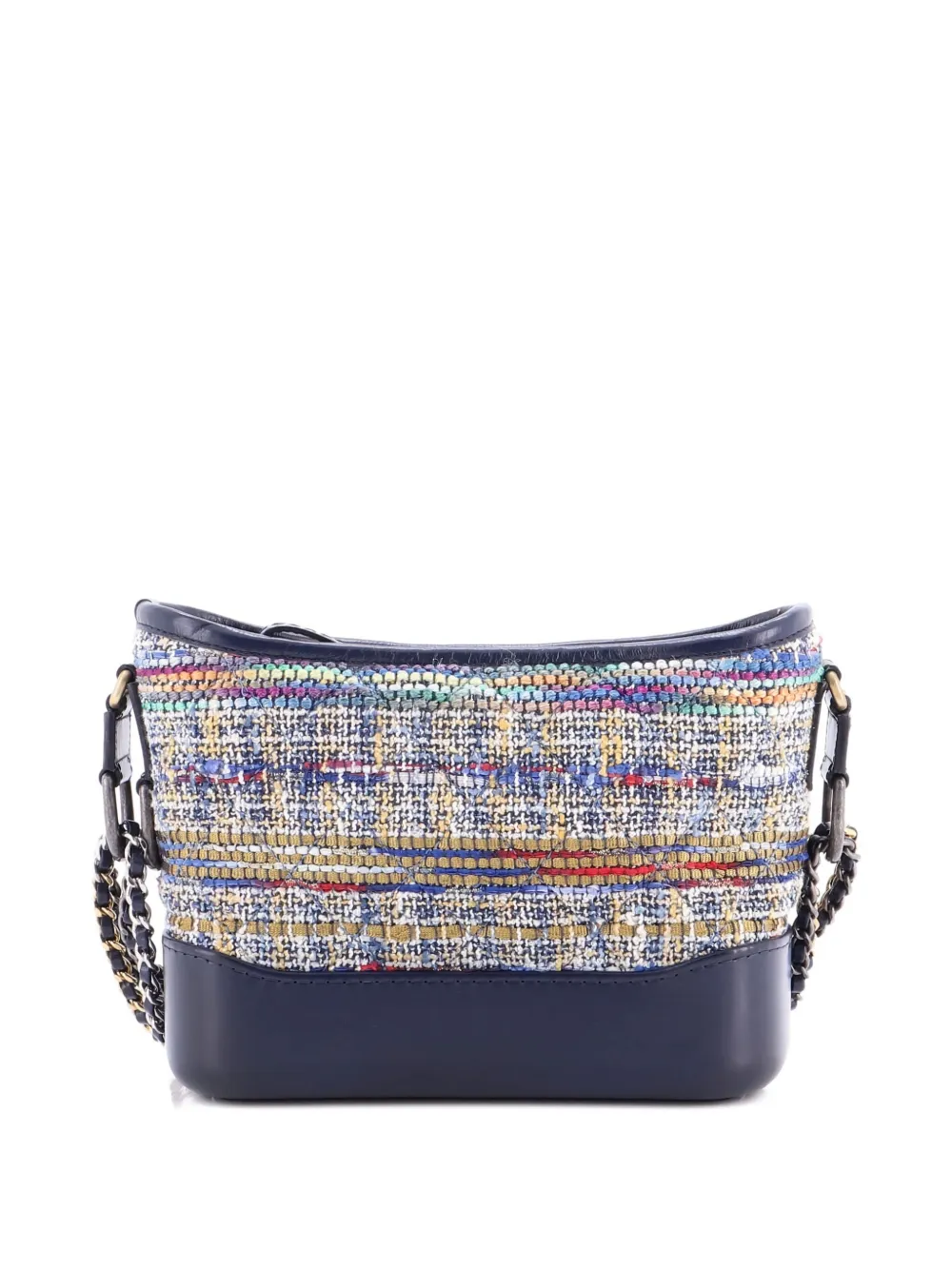 Pre-owned Chanel Gabrielle Quilted Tweed And Calfskin Small Hobo Bag In Blue