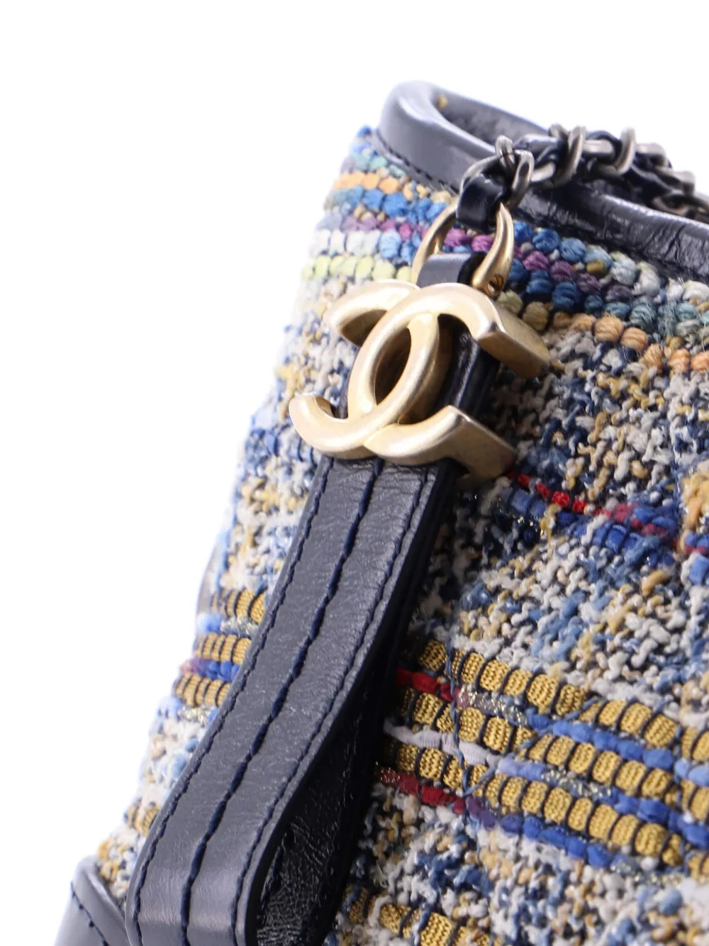 Pre-owned Chanel Gabrielle Quilted Tweed And Calfskin Small Hobo Bag In Blue